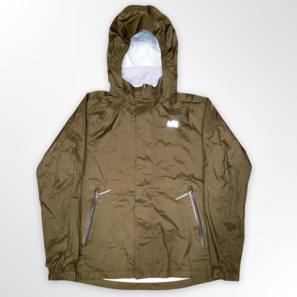 REI Boys Youth Rain Jacket Nylon Size Large 14-16 Brown Hiking Waterpoof Hooded